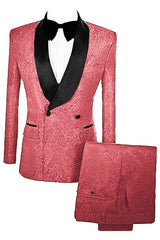 Opulent Coral Double Breasted Jacquard Groom's Suit With Velvet Lapel