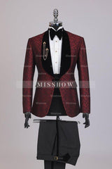 Opulent Crimson Jacquard Wedding Attire With Black Shawl Collar