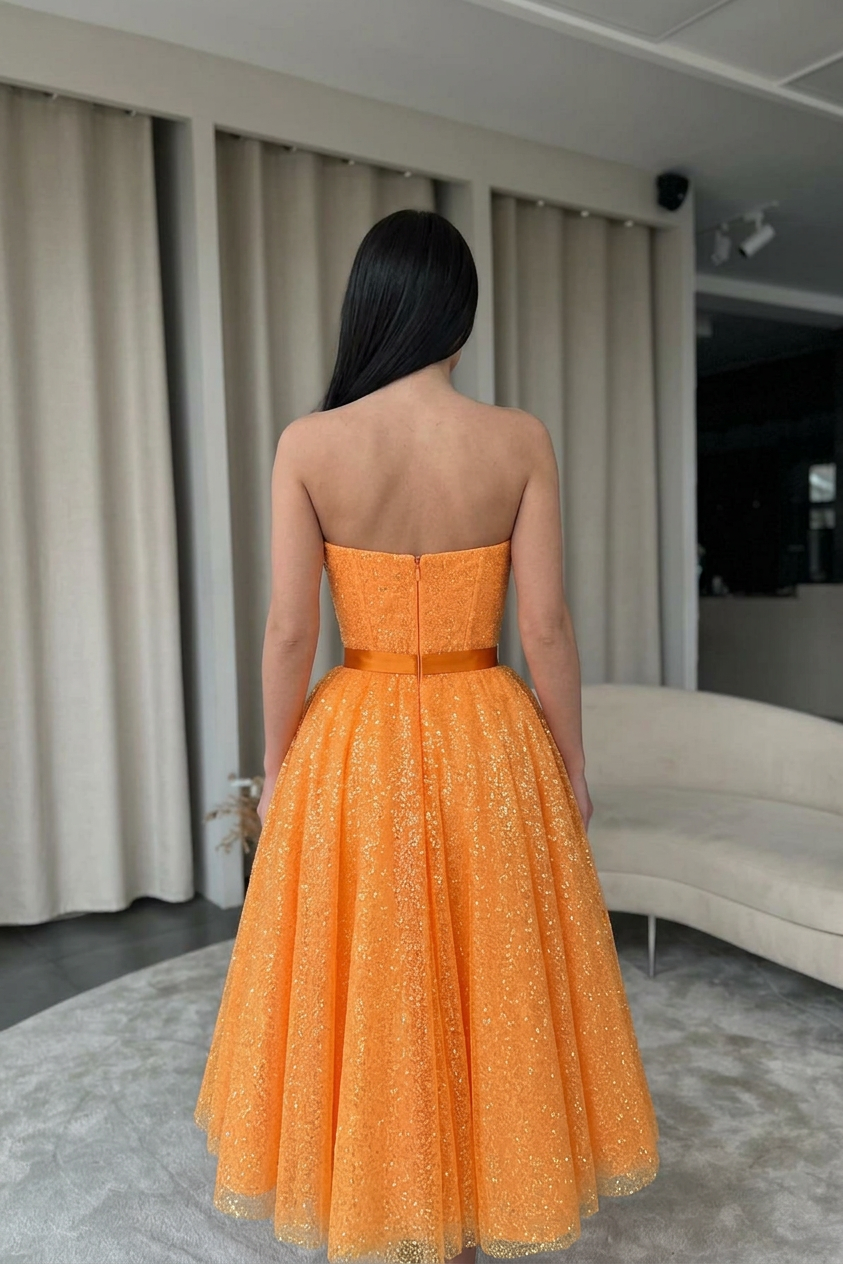 Orange Glitter Lace Strapless Corset Cocktail Dress Sweetheart Satin Bow Belt A-Line Tea Length Party Gown
