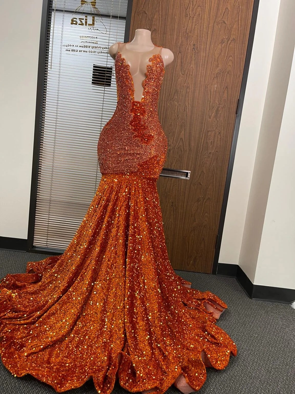 dramatic mermaid prom dresses Orange Mermaid Prom Dress Illusion Deep V Spaghetti Straps 3D Floral  Crystal Rhinestone Sequin Cathedral Train