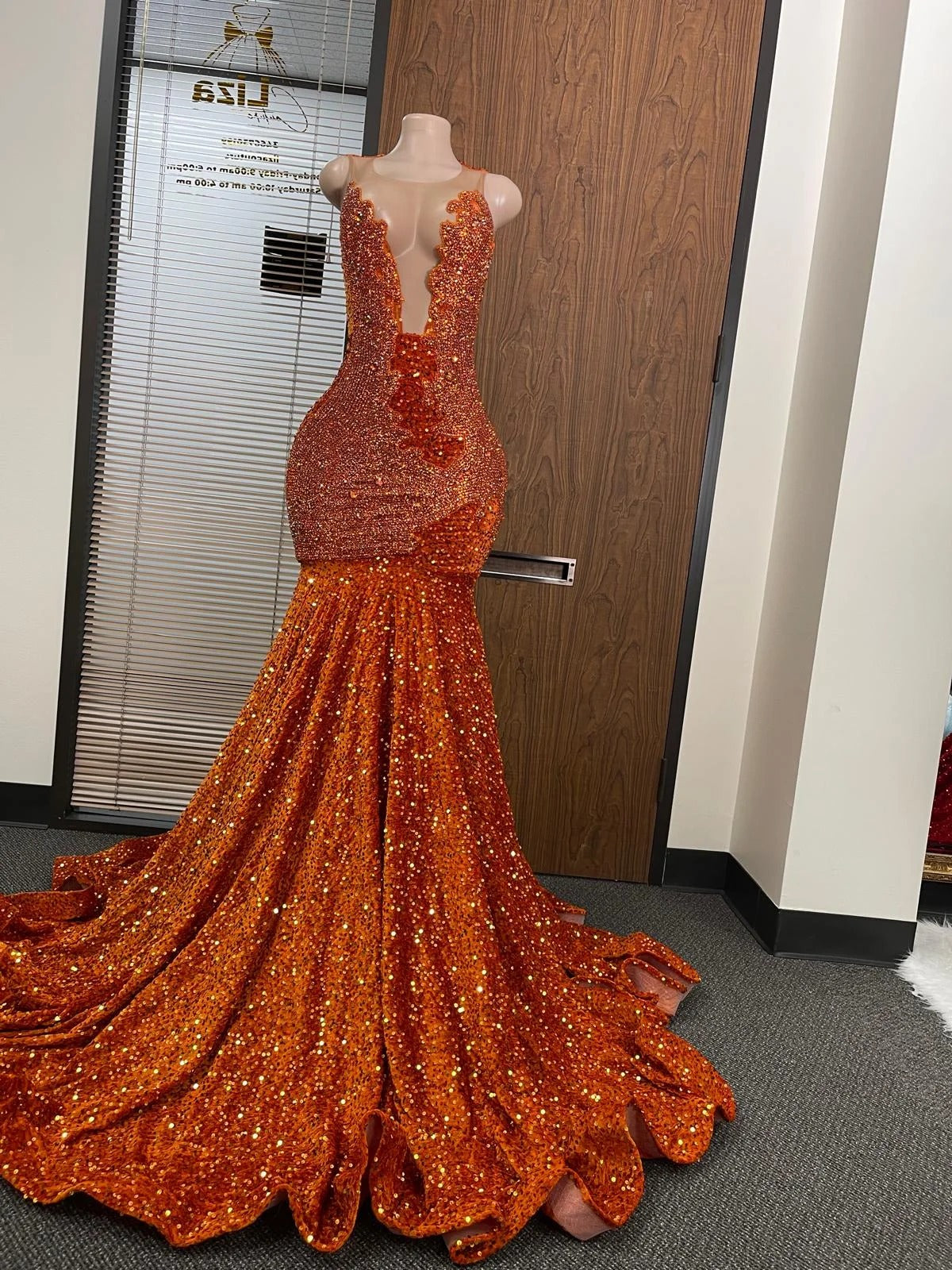 Orange Mermaid Prom Dress Illusion Deep V Spaghetti Straps 3D Floral Crystal Rhinestone Sequin Cathedral Train | Misshow misshow.com Orange Mermaid Prom Dress Illusion Deep V Spaghetti Straps 3D Floral Crystal Rhinestone Sequin Cathedral Train | Misshow misshow.com