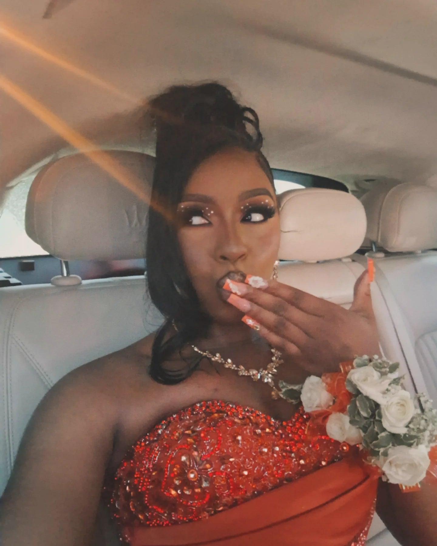 Orange Mermaid Prom Dress Strapless Sweetheart Heavy Crystal Rhinestone Beading Cluster Bodice All-Over Orange Sequin Gold Scroll Vine Lace Embroidery Scattered Rhinestone Sweep Train Gown