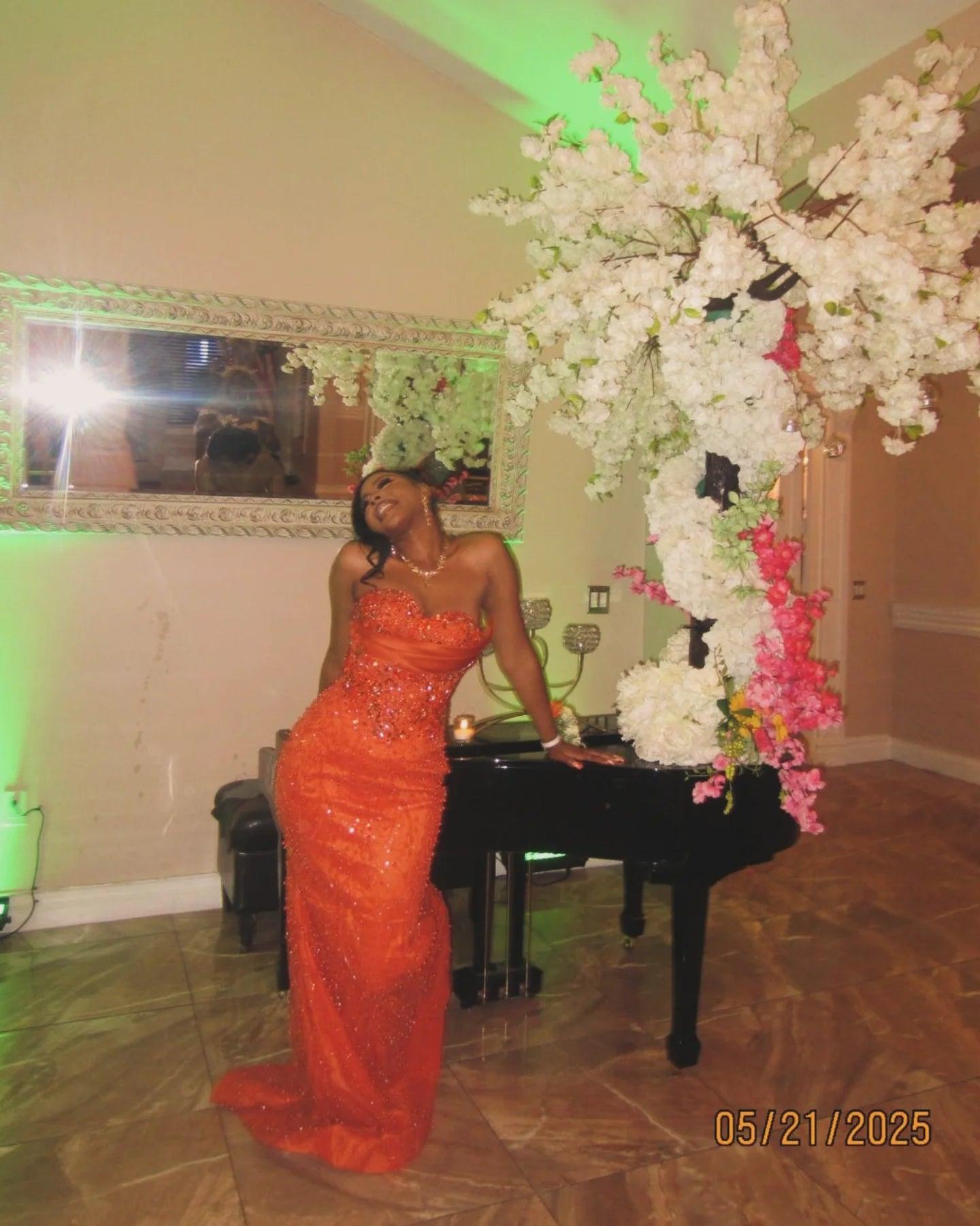 Orange Mermaid Prom Dress Strapless Sweetheart Heavy Crystal Rhinestone Beading Cluster Bodice All-Over Orange Sequin Gold Scroll Vine Lace Embroidery Scattered Rhinestone Sweep Train Gown