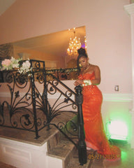 Orange Mermaid Prom Dress Strapless Sweetheart Heavy Crystal Rhinestone Beading Cluster Bodice All-Over Orange Sequin Gold Scroll Vine Lace Embroidery Scattered Rhinestone Sweep Train Gown