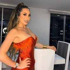 Orange Off Shoulder Mermaid Evening Dress Sweetheart Feather Trim Cutout Ruched High Slit Formal Gown
