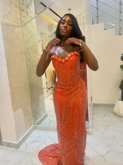 Orange Red Mermaid Prom Dress Strapless Sweetheart 3D Floral Daisy Edge Gold Crystal Vertical Stripe Beaded Boned Corset Ruched Sweep Train Gown