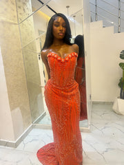 Orange Red Mermaid Prom Dress Strapless Sweetheart 3D Floral Daisy Edge Gold Crystal Vertical Stripe Beaded Boned Corset Ruched Sweep Train Gown
