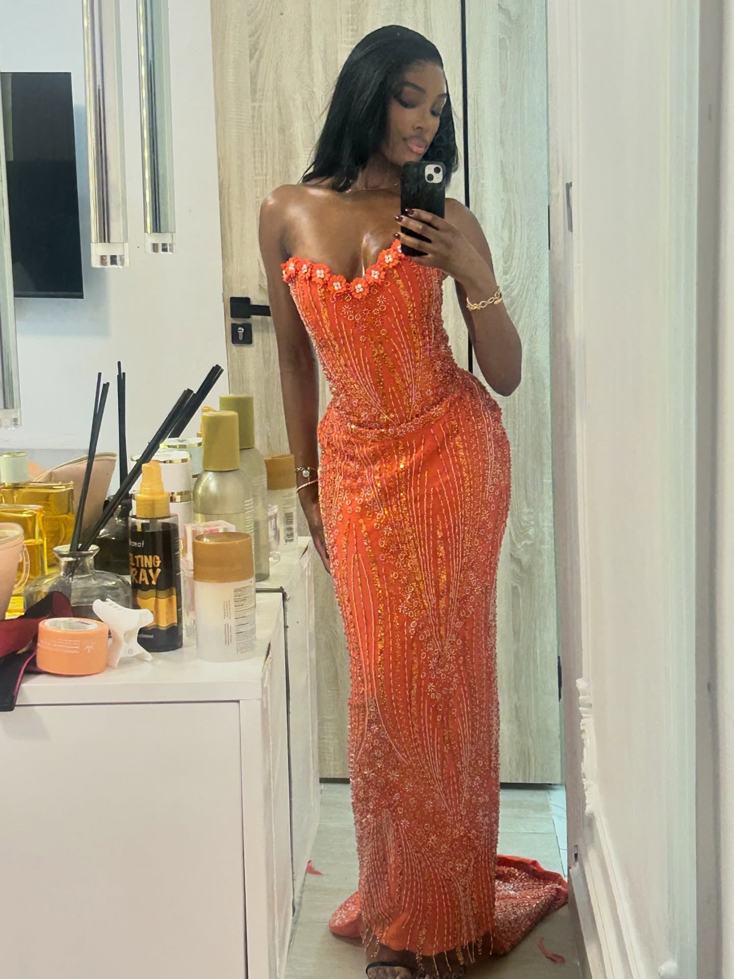 Orange Red Mermaid Prom Dress Strapless Sweetheart 3D Floral Daisy Edge Gold Crystal Vertical Stripe Beaded Boned Corset Ruched Sweep Train Gown