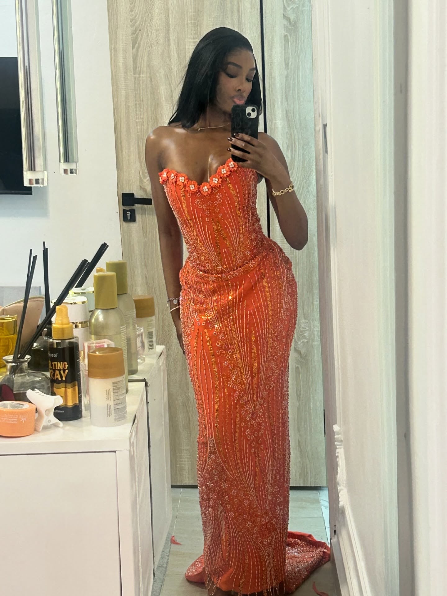 Orange Red Mermaid Prom Dress Strapless Sweetheart 3D Floral Daisy Edge Gold Crystal Vertical Stripe Beaded Boned Corset Ruched Sweep Train Gown