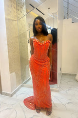 Orange Red Mermaid Prom Dress Strapless Sweetheart 3D Floral Daisy Edge Gold Crystal Vertical Stripe Beaded Boned Corset Ruched Sweep Train Gown