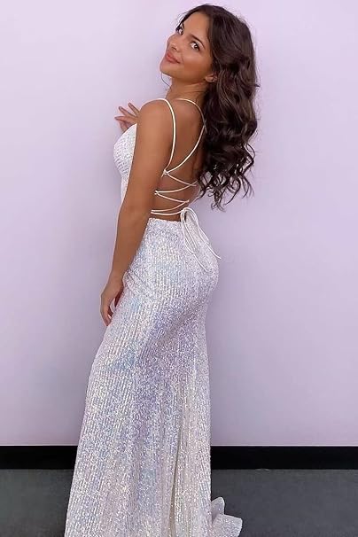 Orange Sequins Long Prom Dress with Mermaid Spaghetti Straps and Split Front