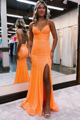 Orange Sequins Long Prom Dress with Mermaid Spaghetti Straps and Split Front