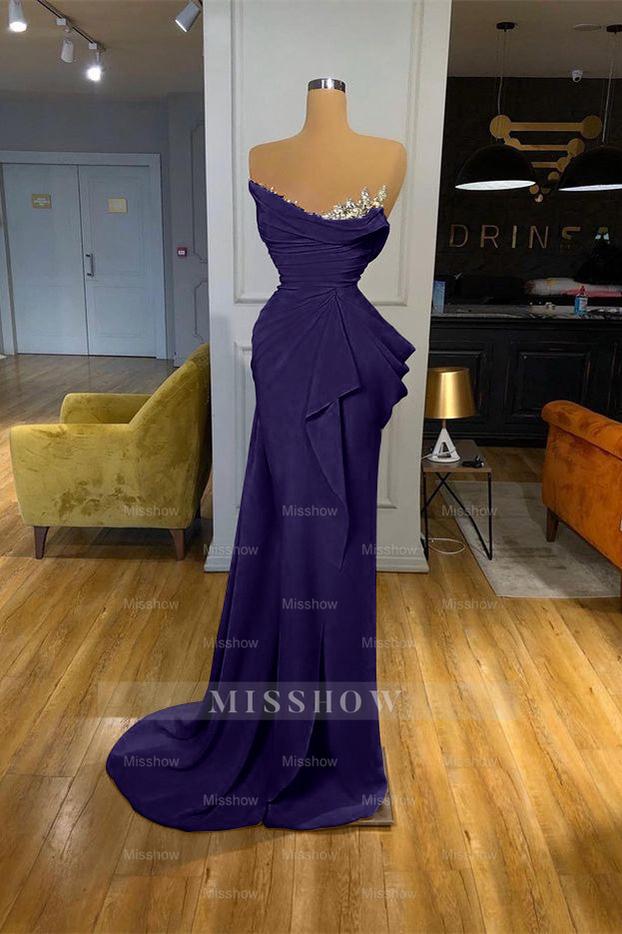 Orange Sequins Mermaid Online Strapless Pleated Formal Dress With Sleeveless