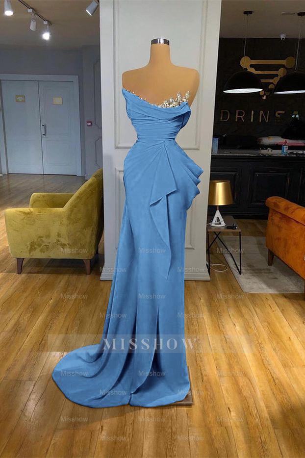 Orange Sequins Mermaid Online Strapless Pleated Formal Dress With Sleeveless