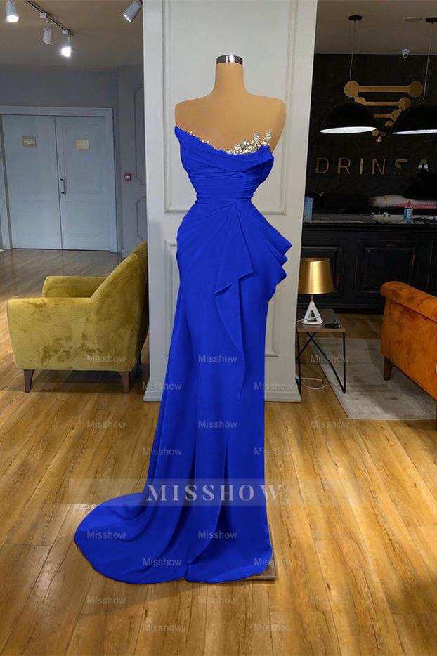 Orange Sequins Mermaid Online Strapless Pleated Formal Dress With Sleeveless