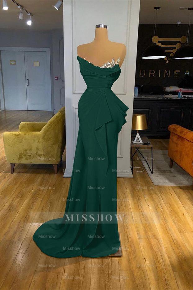 Orange Sequins Mermaid Online Strapless Pleated Formal Dress With Sleeveless