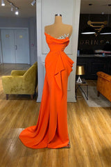 Orange Sequins Mermaid Online Strapless Pleated Formal Dress With Sleeveless