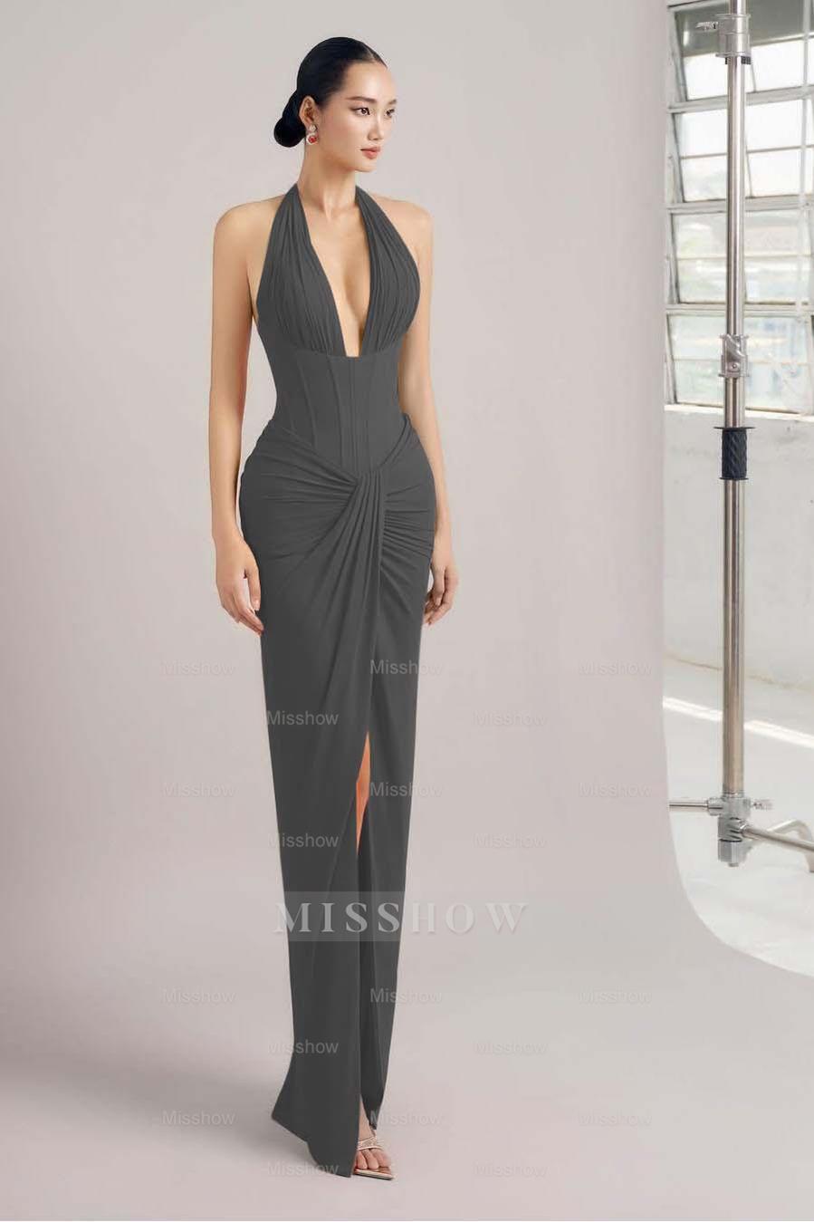 Dark grey halter ruched bodycon evening dress