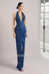 Navy halter ruched bodycon evening dress