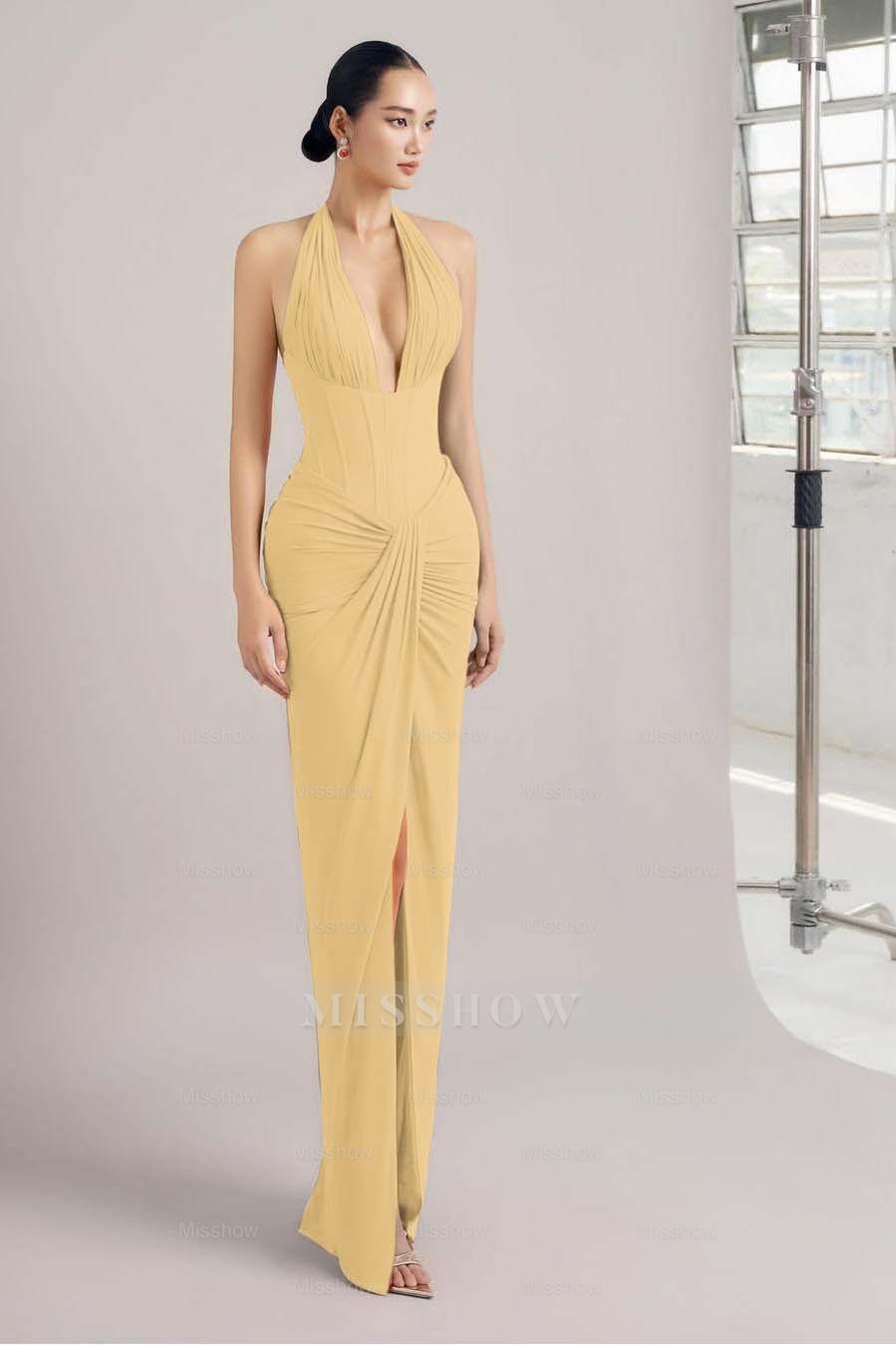 Yellow halter ruched bodycon evening dress