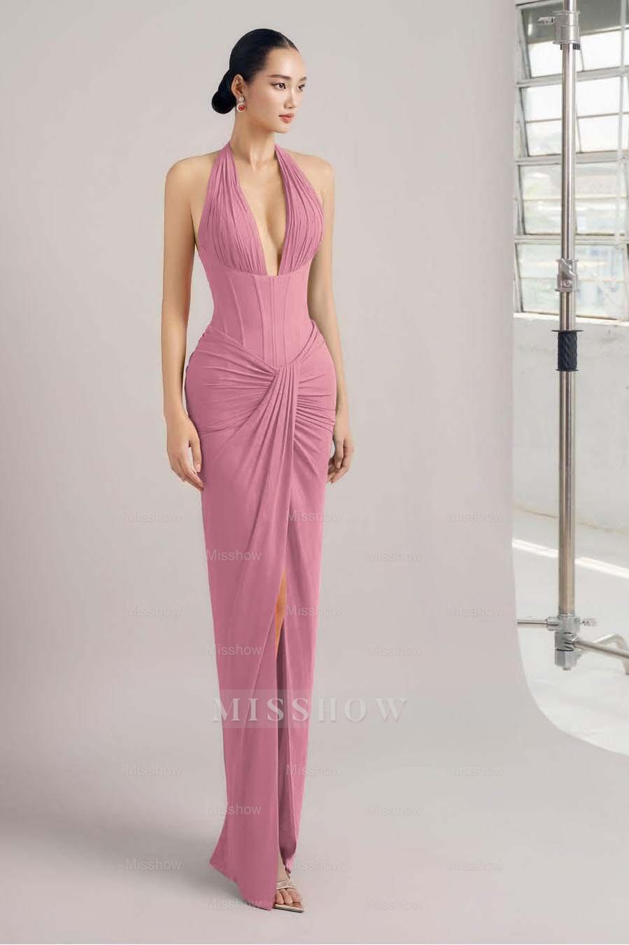 Rose pink halter ruched bodycon evening dress