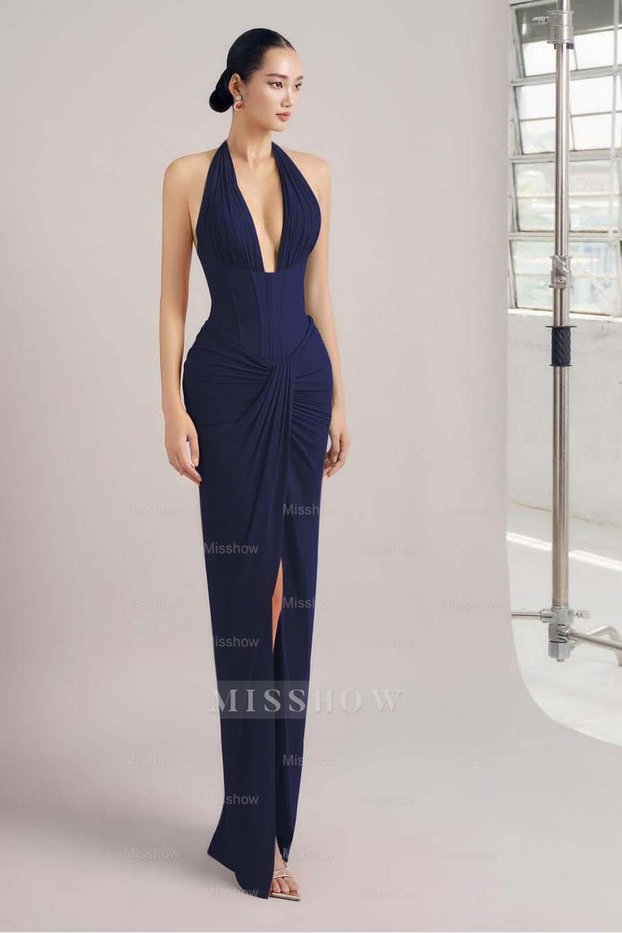 Navy halter ruched bodycon evening dress