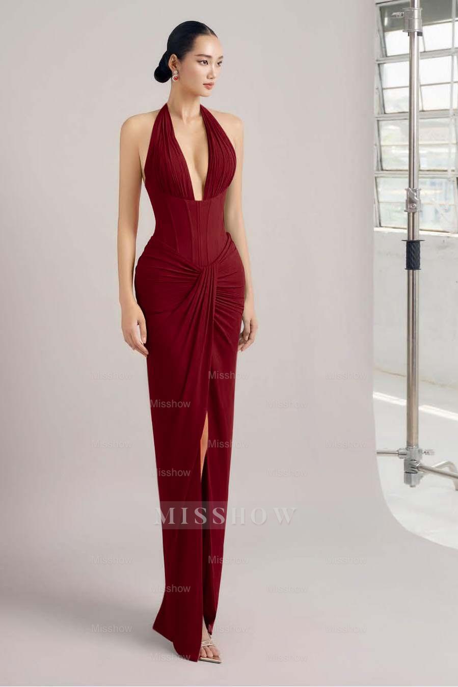Burgundy halter ruched bodycon evening dress