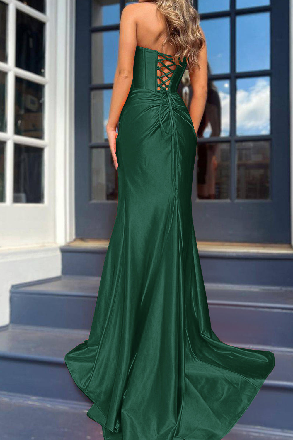 Orange Strapless Mermaid Prom Dress with Front Split and Corset