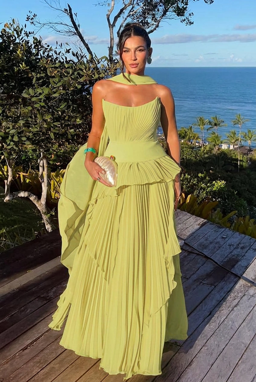 Sage strapless chiffon A-line evening dress