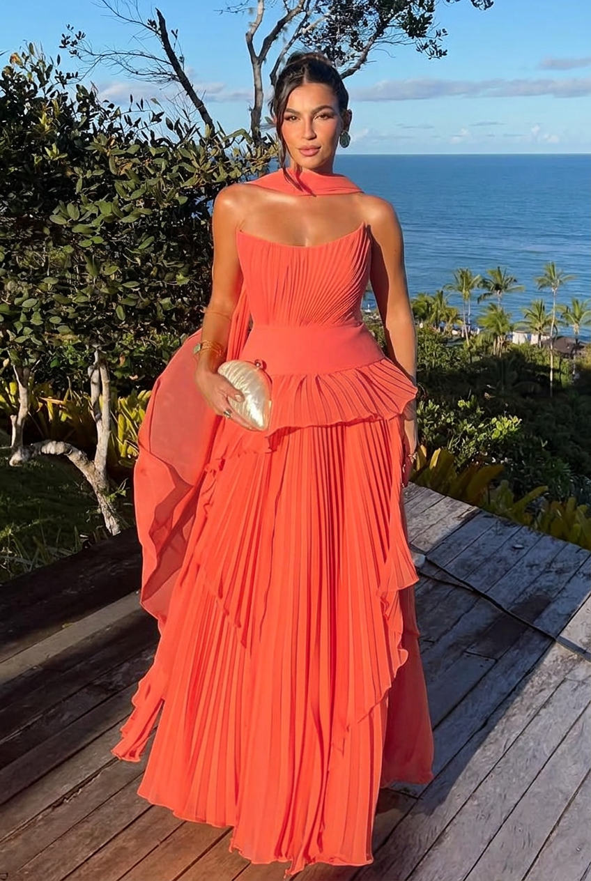 Coral strapless chiffon A-line evening dress