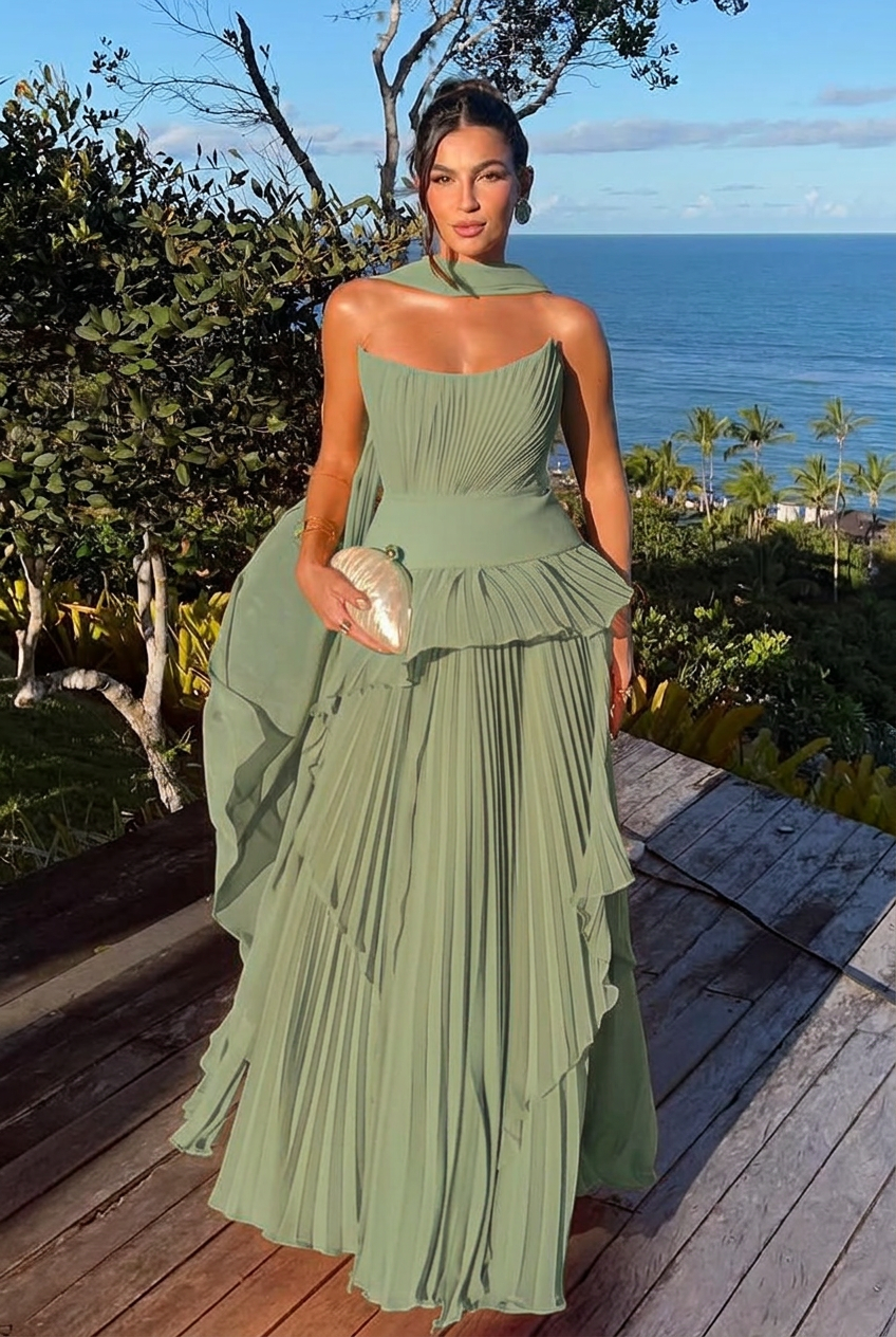 Dusty sage strapless chiffon A-line evening dress