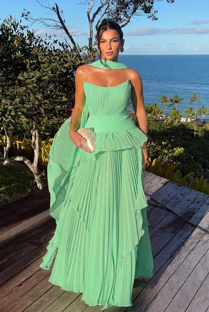 Mint green strapless chiffon A-line evening dress