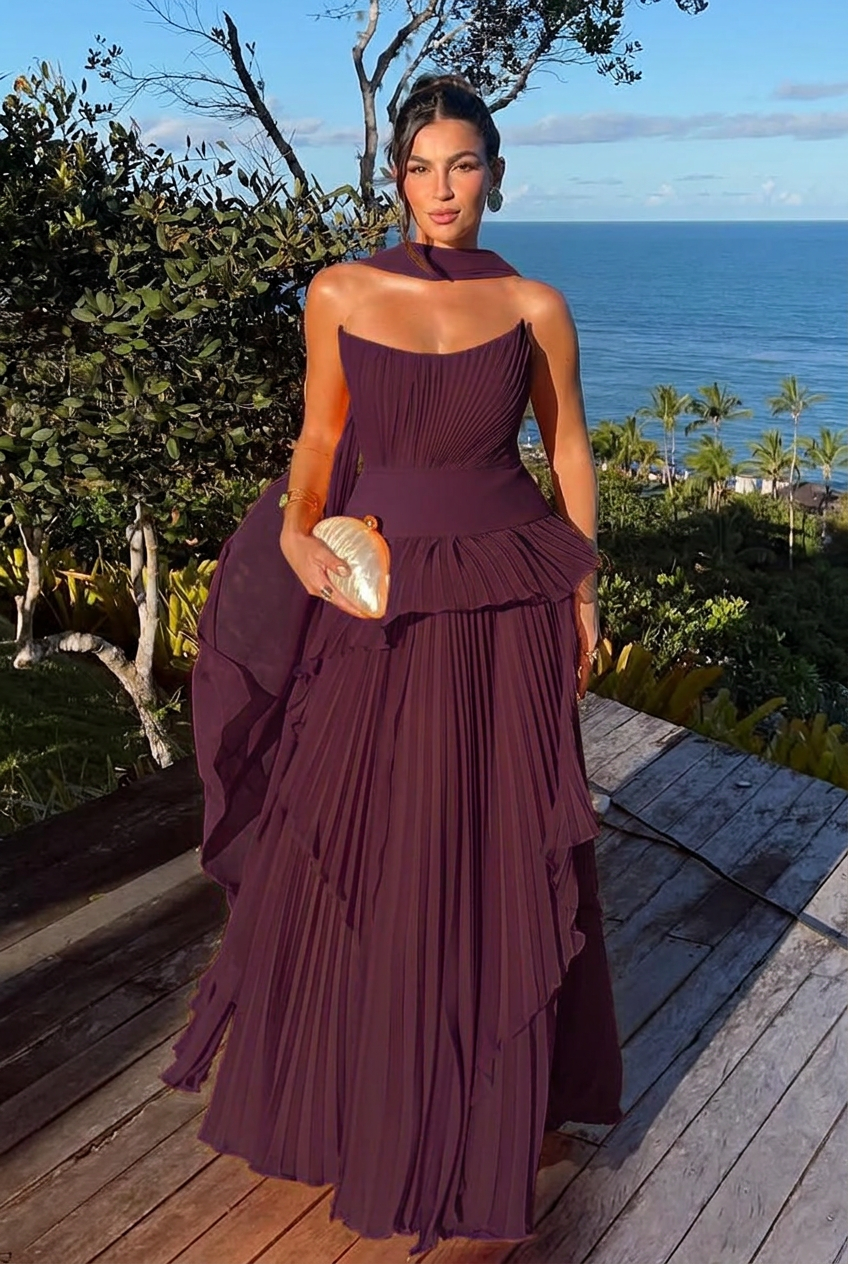 Grape strapless chiffon A-line evening dress
