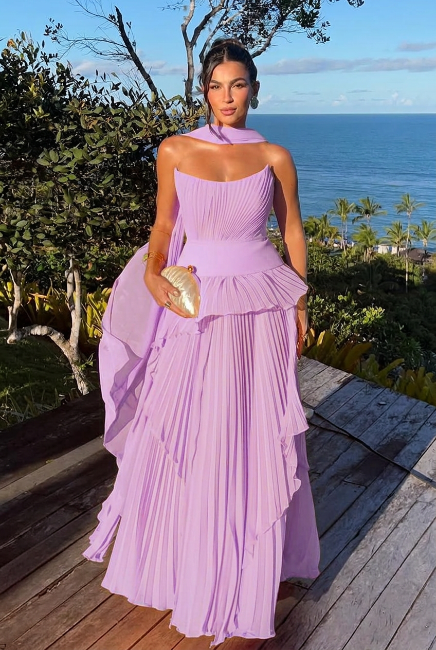 Lavender strapless chiffon A-line evening dress