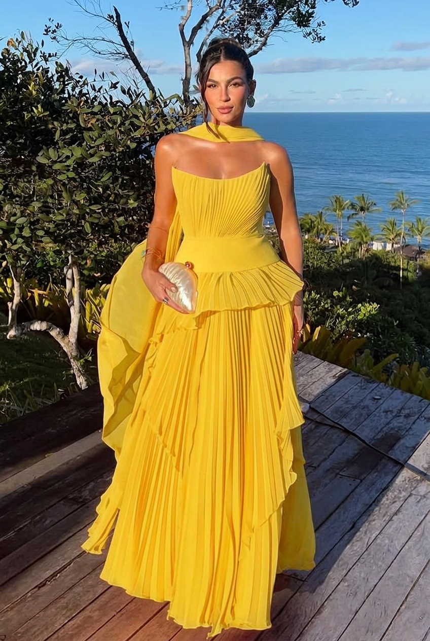 Yellow strapless chiffon A-line evening dress