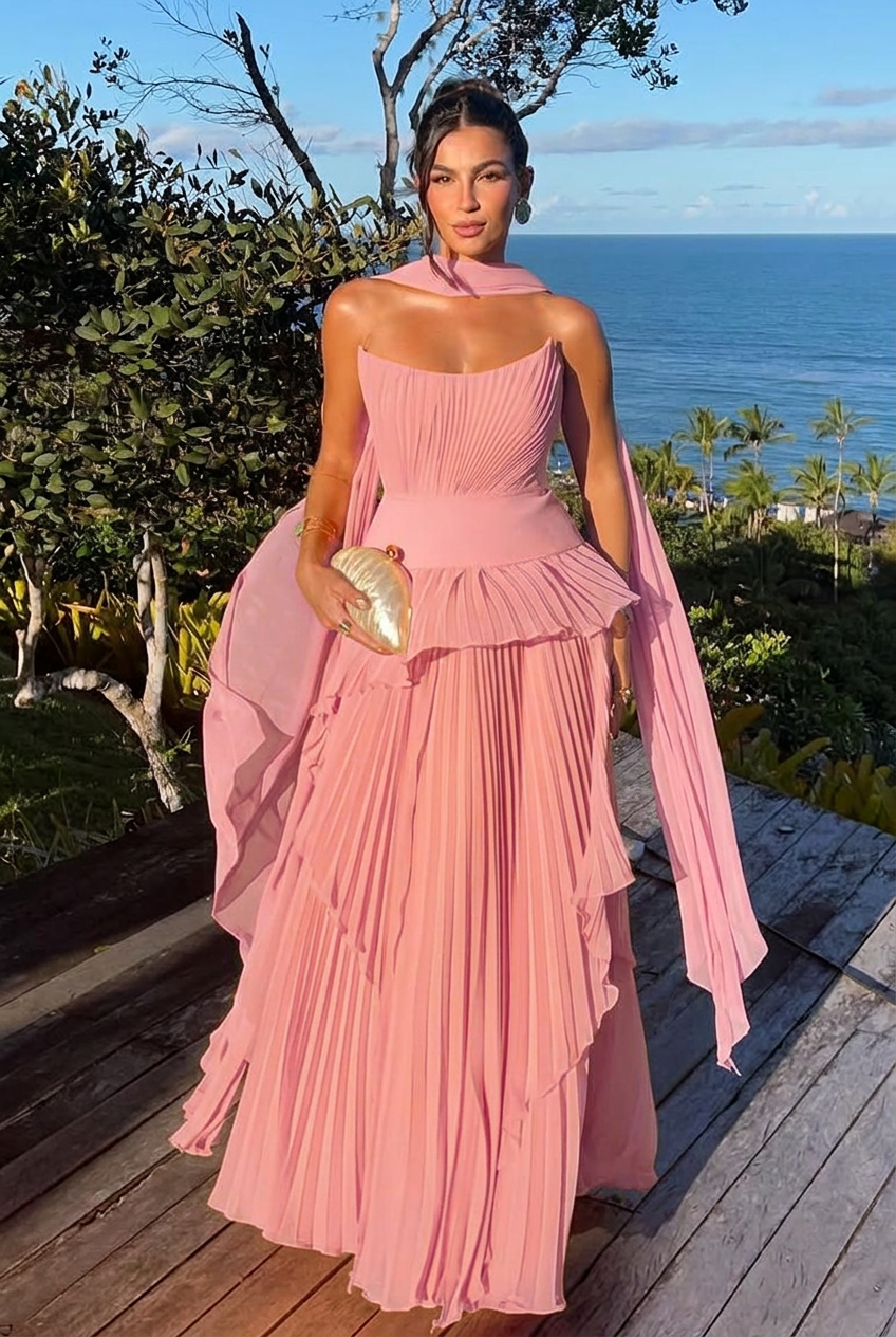 Candy pink strapless chiffon A-line evening dress