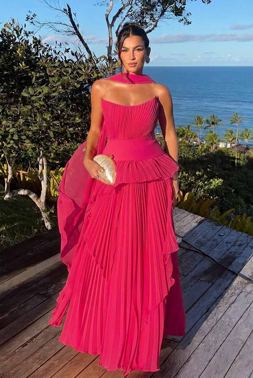 Fuchsia strapless chiffon A-line evening dress