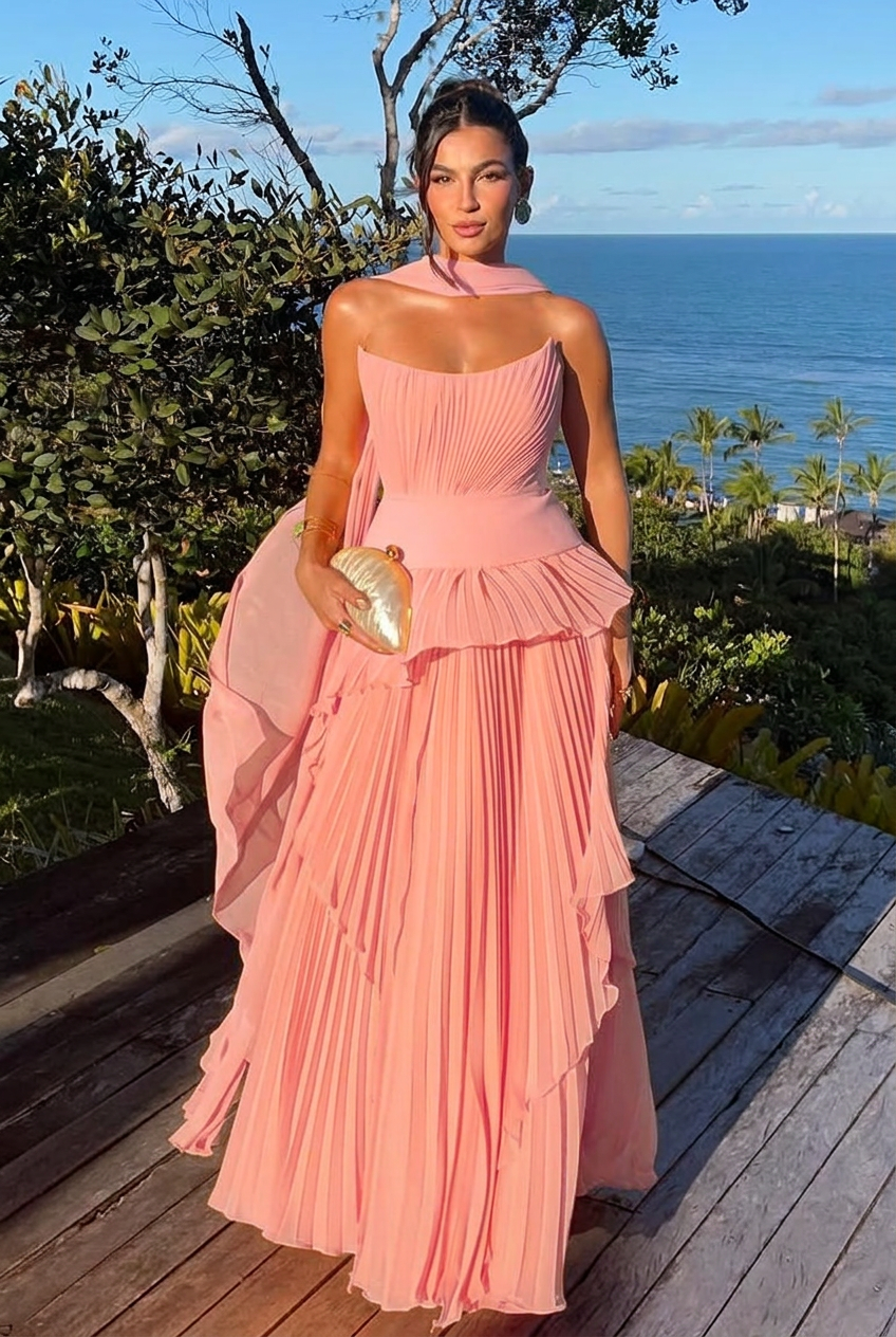 Blushing pink strapless chiffon A-line evening dress