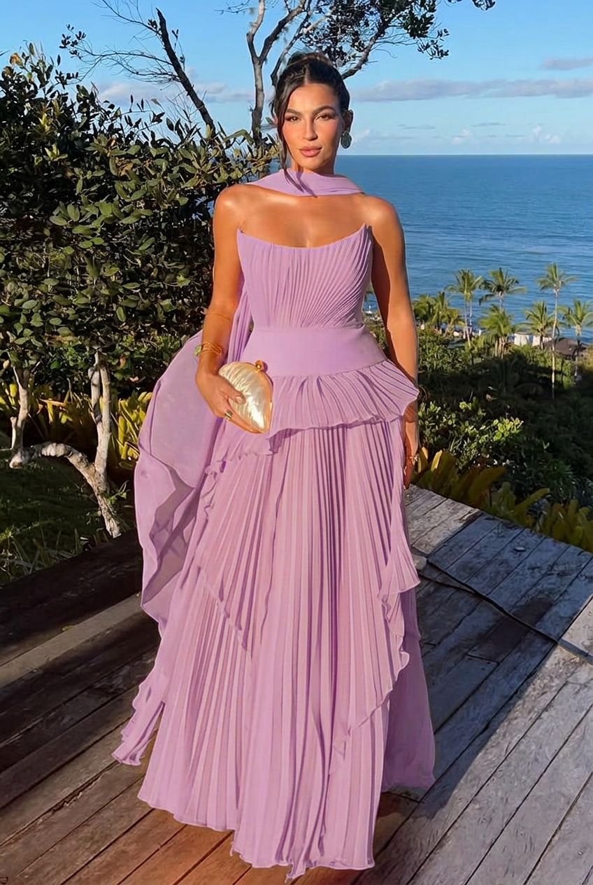 Lilac strapless chiffon A-line evening dress