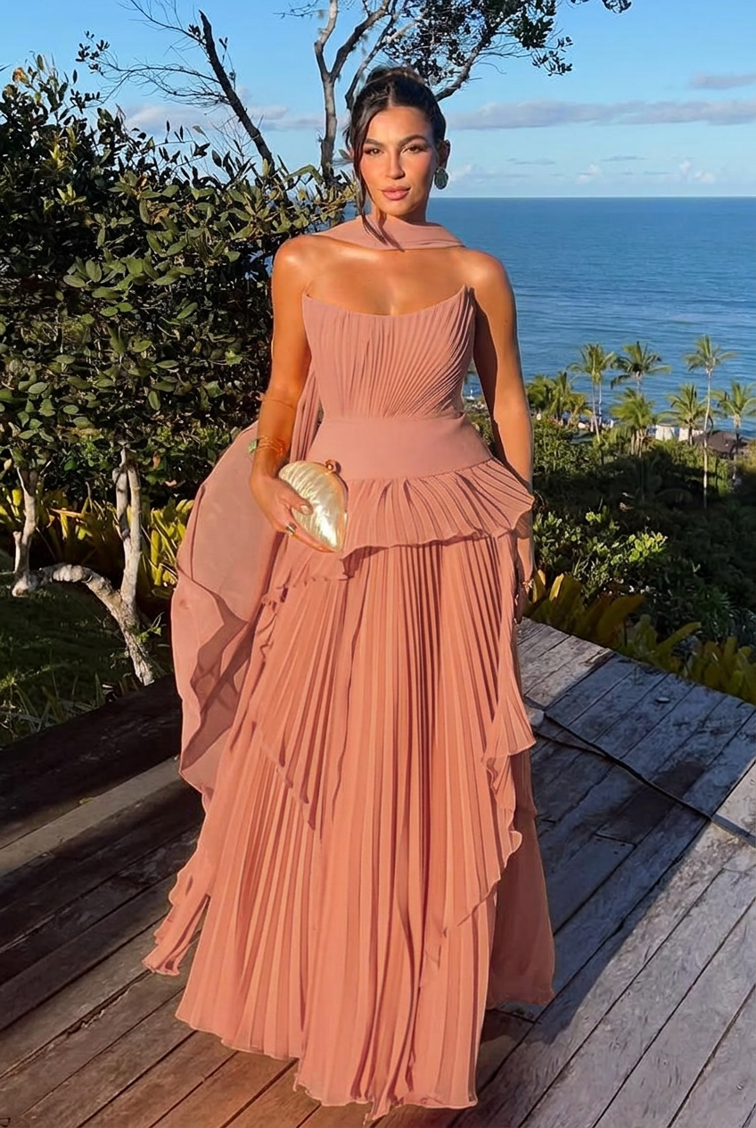 Dusty rose strapless chiffon A-line evening dress