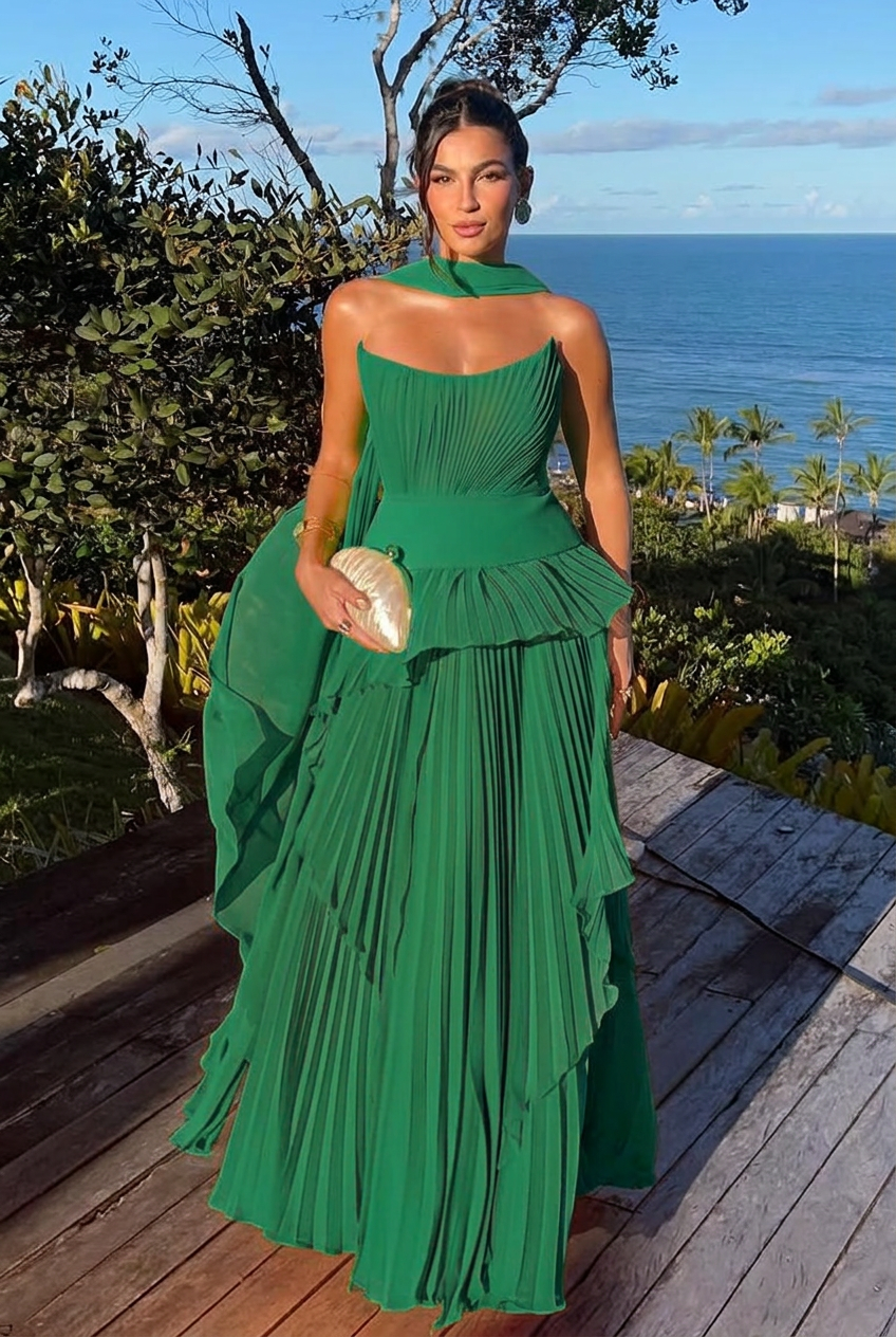 Emerald green strapless chiffon A-line evening dress