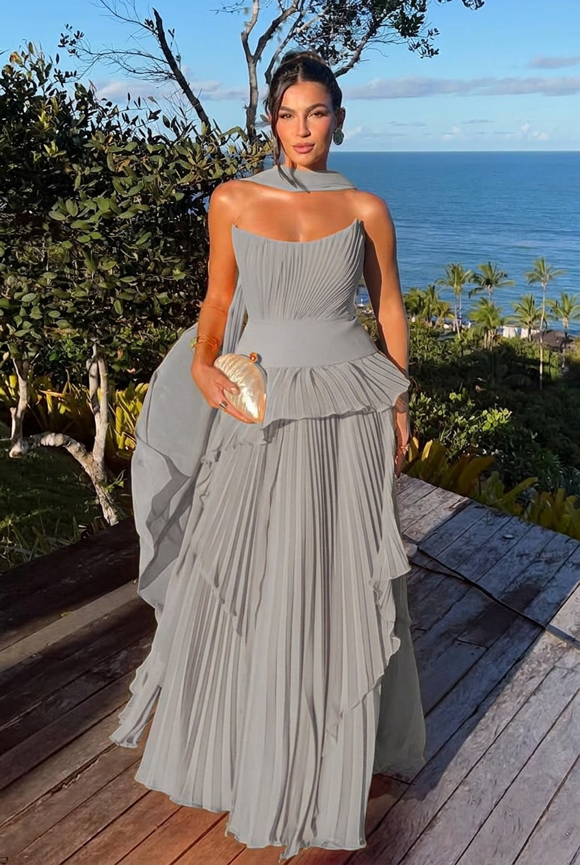 Silver strapless chiffon A-line evening dress