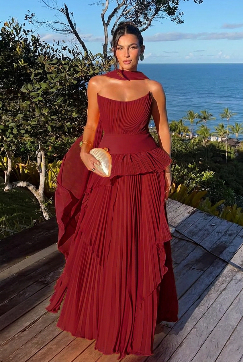Burgundy strapless chiffon A-line evening dress