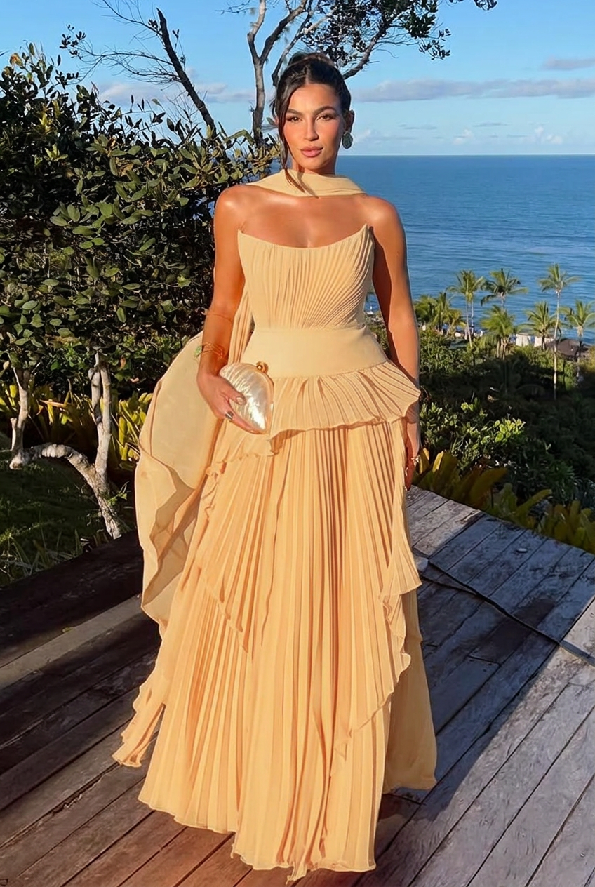 Champagne strapless chiffon A-line evening dress
