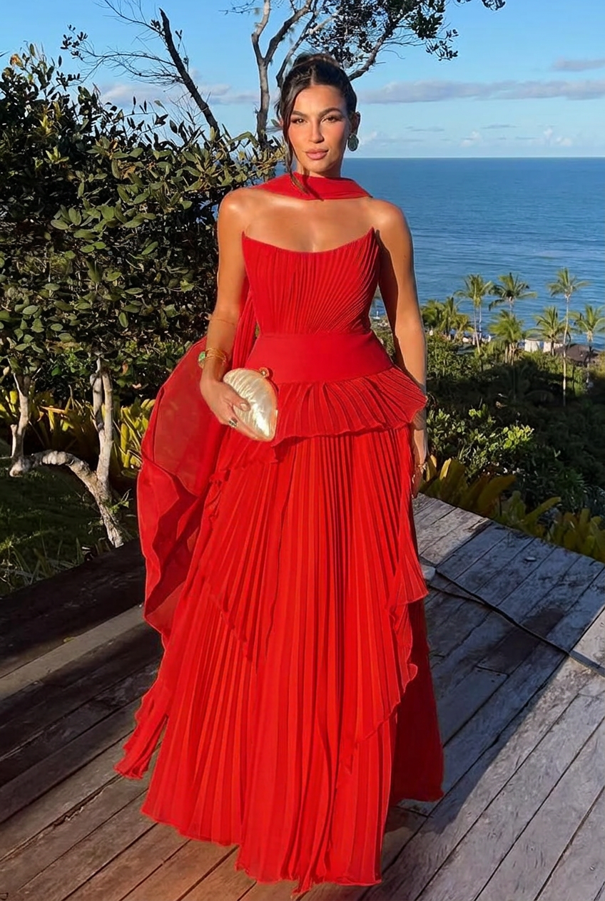 Red strapless chiffon A-line evening dress