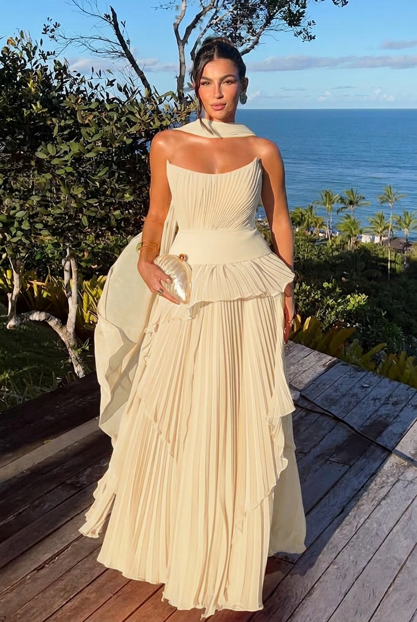 Ivory strapless chiffon A-line evening dress