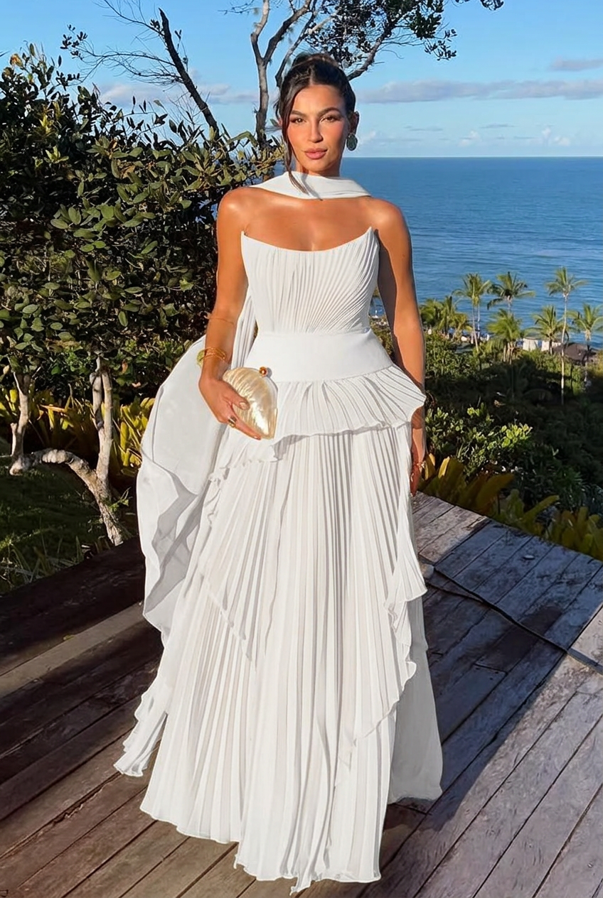 White strapless chiffon A-line evening dress