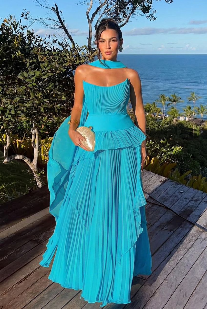 Turquoise strapless chiffon A-line evening dress