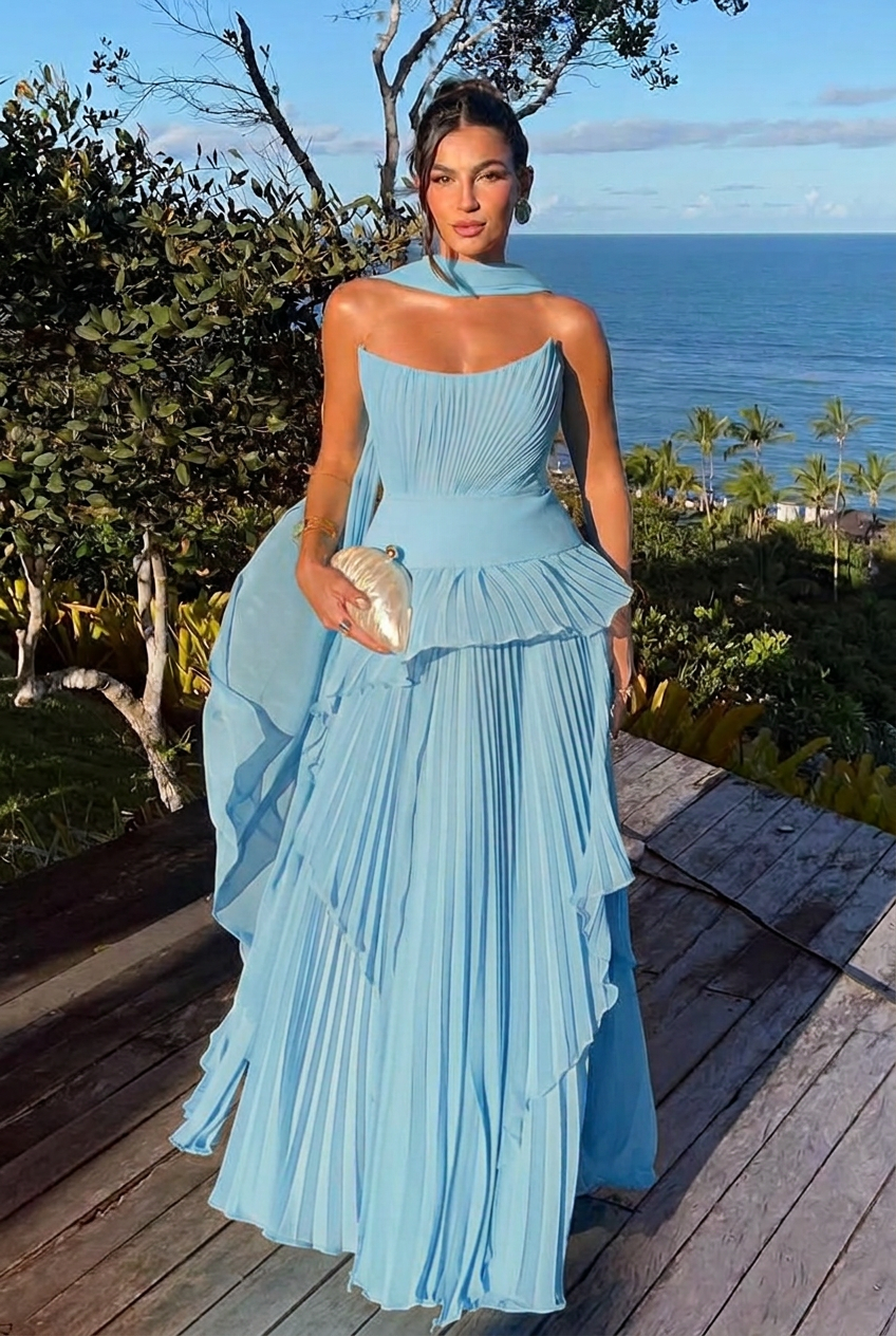 Light blue strapless chiffon A-line evening dress