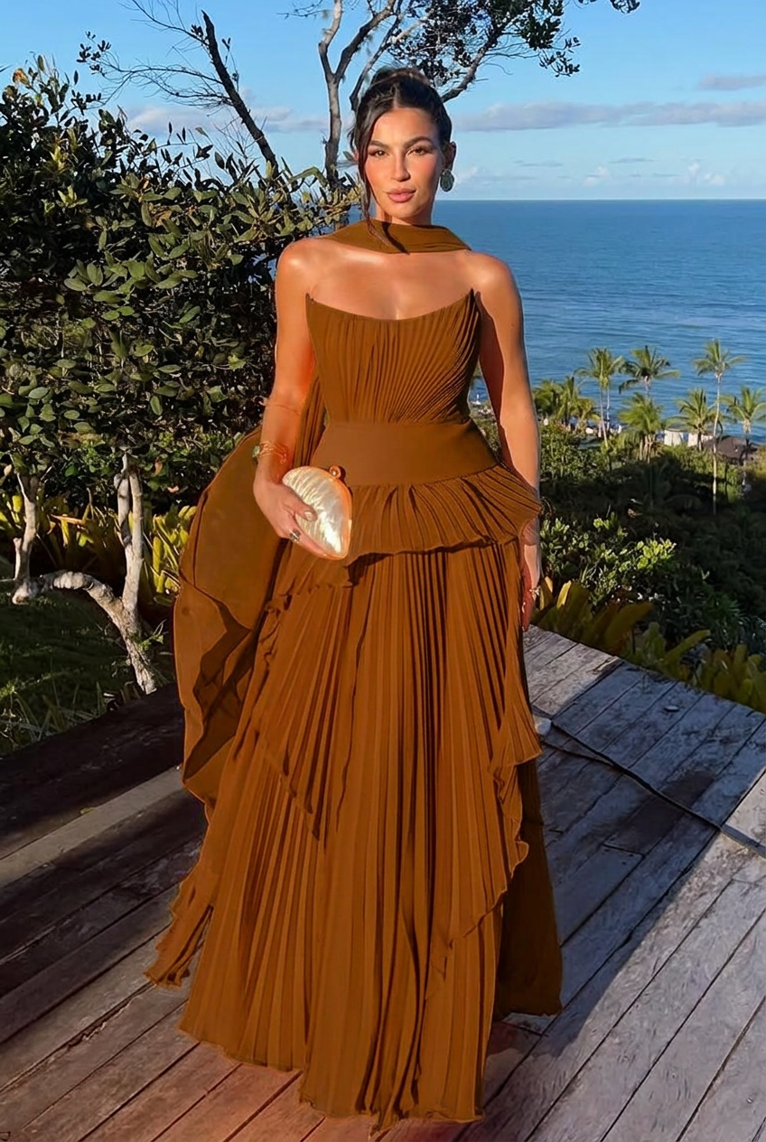 Chocolate strapless chiffon A-line evening dress